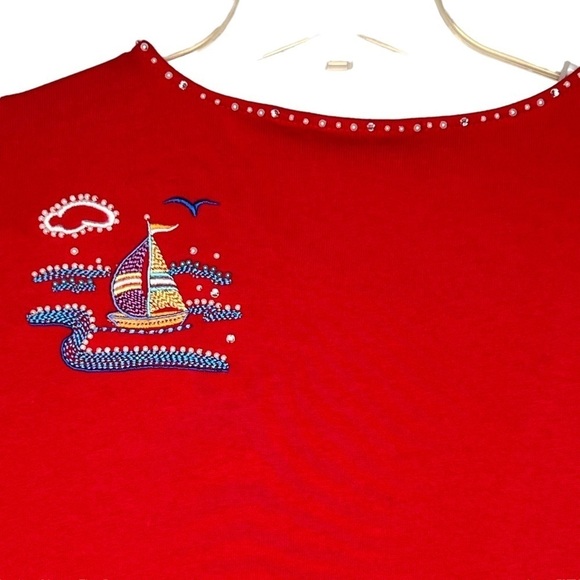 Quacker Factory Red Sequined Beaded Lighthouse Sailboat 3/4 Sleeve Cotton Top 1X - Picture 5 of 12